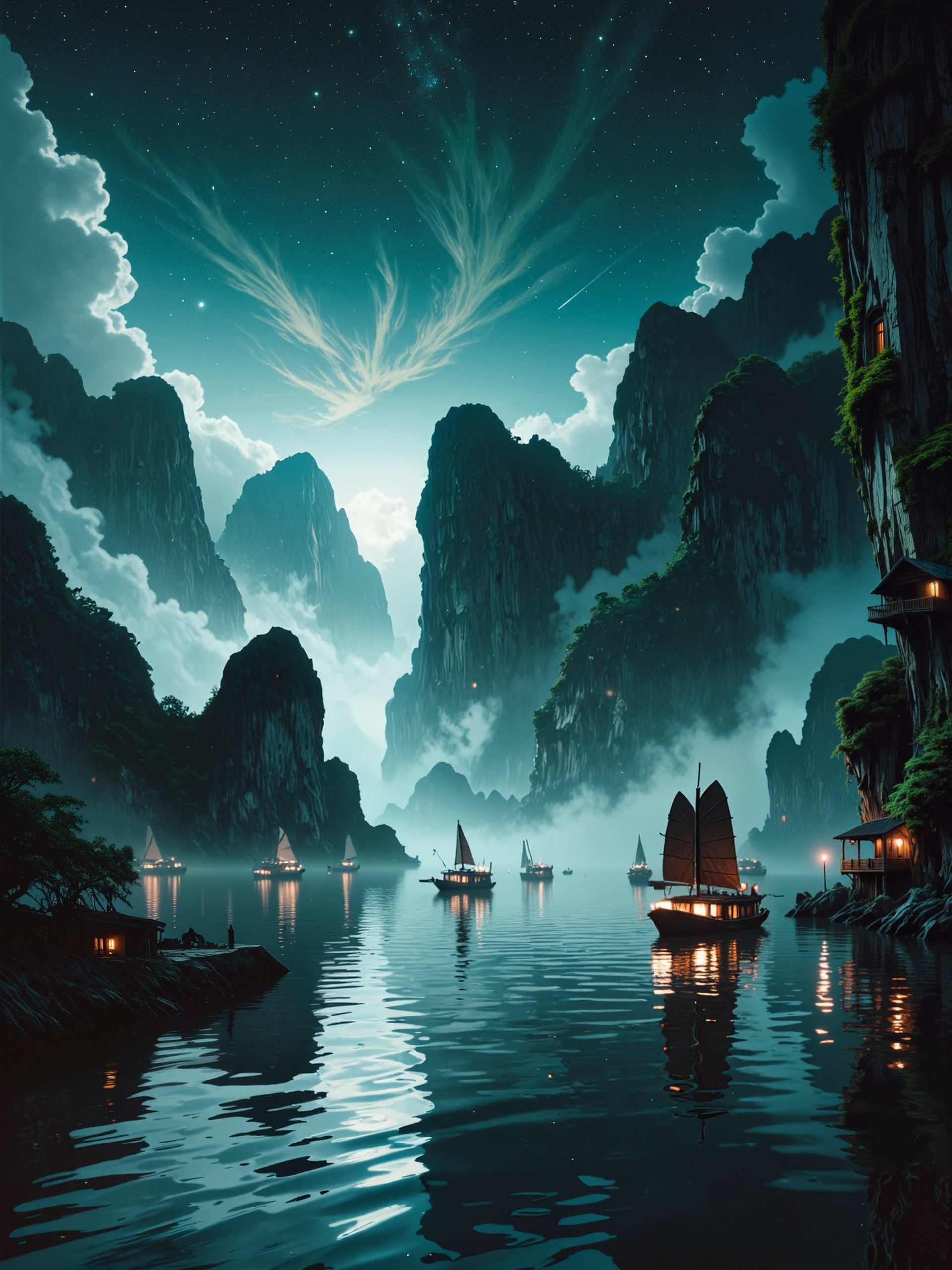 famous artwork, masterful painting, oil on canvas, traditional media, epic scenery, rule of thirds, breathtaking nocturnal scenery, masterful attention to light and atmospheric perspective, luminous and romantic, sweeping composition, sublime beauty, ha long bay, vietnam, in the dim and diffused light of the moon half obscured by dramatic clouds, towering limestone karsts rise like ancient monoliths from the bay, their rugged surfaces partially veiled in a mist haze, the deep blues of the night sky blend seamlessly with the darkness of the distant horizon, scattered stars above, wisps of ethereal clouds drifting across the sky, their edges softly glowing from the hidden moonlight. a few traditional wooden junks with their sails iluminated in warm light by small deck lanterns float silently on the mirror-like water, the boats reflections elongated and distorted by the gentle movement of the water, lush vegetation clings to the limestone pillars. in the distance, a few scattered junks with dimly glowing lanterns navigate between the towering rock formations, their warm light barely piercing the vast, moonlit expanse, the grandeur of the scene heightened by the soft, diffused mist that lingers over the water, deepening the sense of mystery and solitude, towering karsts in the background fade into the distance, their forms growing softer and more indistinct, creating a mesmerizing atmospheric perspective. the waterâs surface is masterfully rendered, capturing the interplay of light and shadow, every ripple carefully depicted, the paintingâs brushwork blending exquisite realism with a dreamlike quality, evoking both serenity and awe, night blue and teal green and ivory white and jet black, ovg, hrscontrast, vantablack,  <lora:style-hudson_river_school-flux-by_kornrat:0.56> <lora:vantablack-v2-flux-by_tijuanaslumlord:0.64> <lora:image_enhancer-flux-by_dever:0.64>