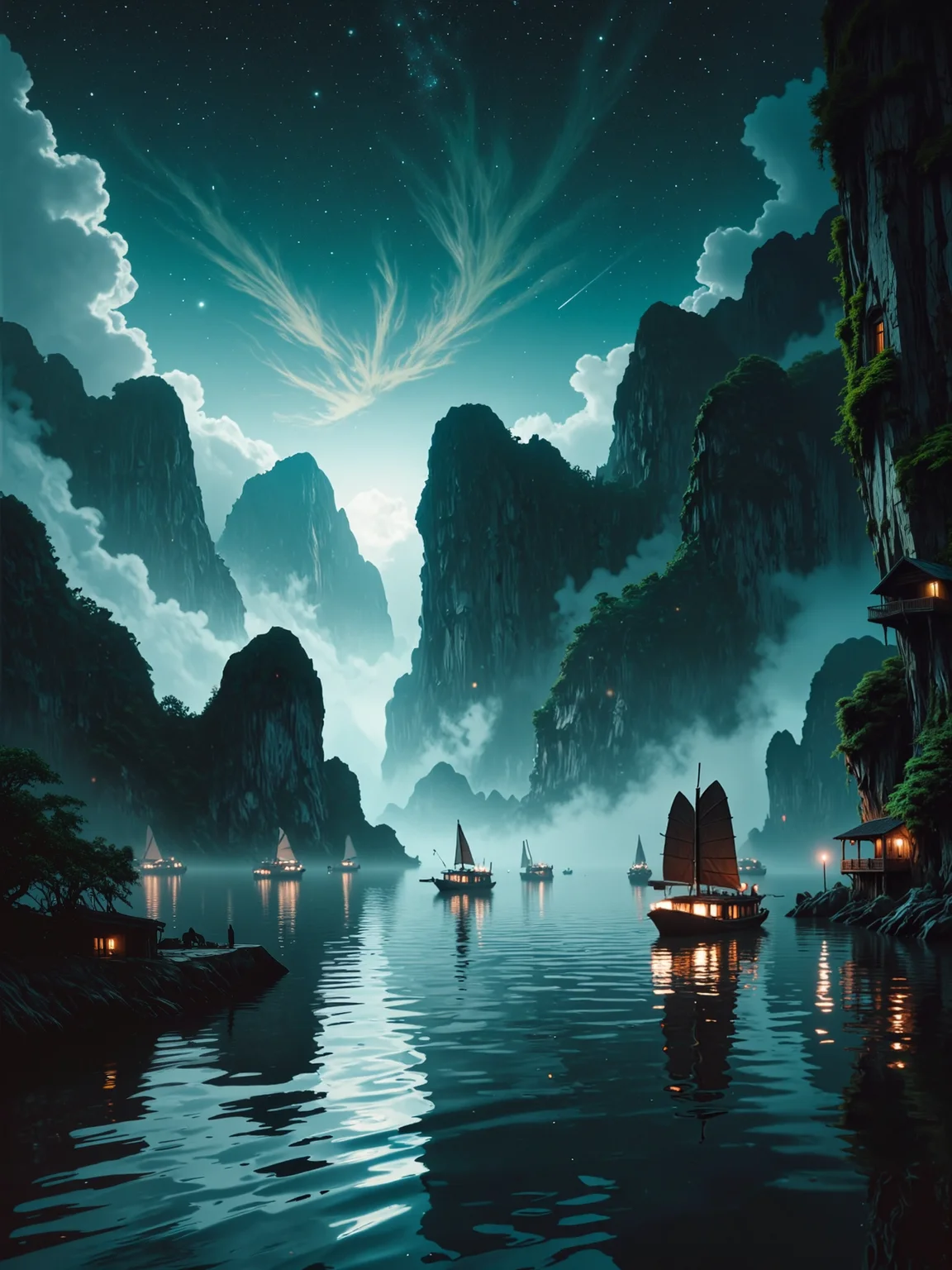 famous artwork, masterful painting, oil on canvas, traditional media, epic scenery, rule of thirds, breathtaking nocturnal scenery, masterful attention to light and atmospheric perspective, luminous and romantic, sweeping composition, sublime beauty, ha long bay, vietnam, in the dim and diffused light of the moon half obscured by dramatic clouds, towering limestone karsts rise like ancient monoliths from the bay, their rugged surfaces partially veiled in a mist haze, the deep blues of the night sky blend seamlessly with the darkness of the distant horizon, scattered stars above, wisps of ethereal clouds drifting across the sky, their edges softly glowing from the hidden moonlight. a few traditional wooden junks with their sails iluminated in warm light by small deck lanterns float silently on the mirror-like water, the boats reflections elongated and distorted by the gentle movement of the water, lush vegetation clings to the limestone pillars. in the distance, a few scattered junks with dimly glowing lanterns navigate between the towering rock formations, their warm light barely piercing the vast, moonlit expanse, the grandeur of the scene heightened by the soft, diffused mist that lingers over the water, deepening the sense of mystery and solitude, towering karsts in the background fade into the distance, their forms growing softer and more indistinct, creating a mesmerizing atmospheric perspective. the water’s surface is masterfully rendered, capturing the interplay of light and shadow, every ripple carefully depicted, the painting’s brushwork blending exquisite realism with a dreamlike quality, evoking both serenity and awe, night blue and teal green and ivory white and jet black, ovg, hrscontrast, vantablack, <lora:style-hudson_river_school-flux-by_kornrat:0.56> <lora:vantablack-v2-flux-by_tijuanaslumlord:0.64> <lora:image_enhancer-flux-by_dever:0.64>