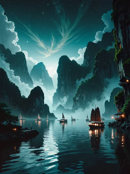 famous artwork, masterful painting, oil on canvas, traditional media, epic scenery, rule of thirds, breathtaking nocturnal scenery, masterful attention to light and atmospheric perspective, luminous and romantic, sweeping composition, sublime beauty, ha long bay, vietnam, in the dim and diffused light of the moon half obscured by dramatic clouds, towering limestone karsts rise like ancient monoliths from the bay, their rugged surfaces partially veiled in a mist haze, the deep blues of the night sky blend seamlessly with the darkness of the distant horizon, scattered stars above, wisps of ethereal clouds drifting across the sky, their edges softly glowing from the hidden moonlight. a few traditional wooden junks with their sails iluminated in warm light by small deck lanterns float silently on the mirror-like water, the boats reflections elongated and distorted by the gentle movement of the water, lush vegetation clings to the limestone pillars. in the distance, a few scattered junks with dimly glowing lanterns navigate between the towering rock formations, their warm light barely piercing the vast, moonlit expanse, the grandeur of the scene heightened by the soft, diffused mist that lingers over the water, deepening the sense of mystery and solitude, towering karsts in the background fade into the distance, their forms growing softer and more indistinct, creating a mesmerizing atmospheric perspective. the waterâs surface is masterfully rendered, capturing the interplay of light and shadow, every ripple carefully depicted, the paintingâs brushwork blending exquisite realism with a dreamlike quality, evoking both serenity and awe, night blue and teal green and ivory white and jet black, ovg, hrscontrast, vantablack, <lora:style-hudson_river_school-flux-by_kornrat:0.56> <lora:vantablack-v2-flux-by_tijuanaslumlord:0.64> <lora:image_enhancer-flux-by_dever:0.64>
