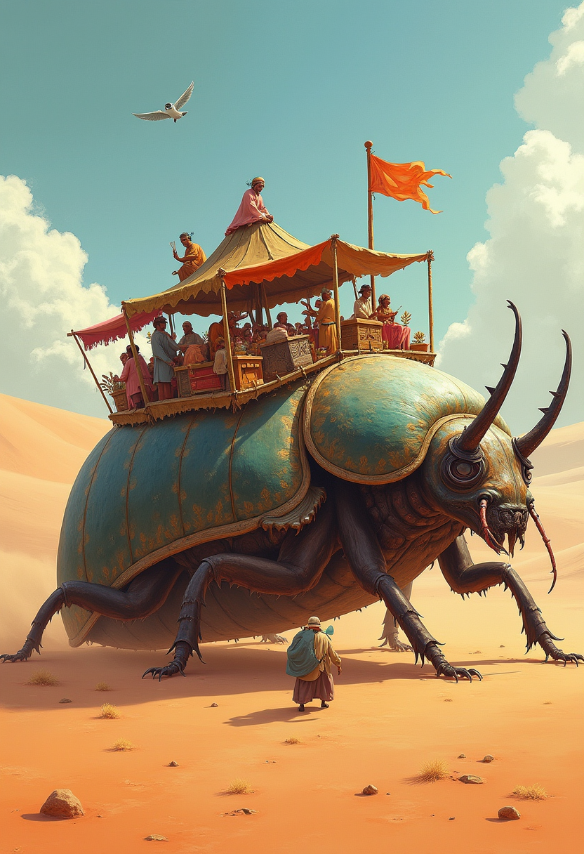 A giant beetle slowly moves across a desert landscape, carrying a bustling bazaar on its back. Small market stalls, colorful fabrics, and people bartering create a lively scene atop the beetle’s intricately patterned shell.