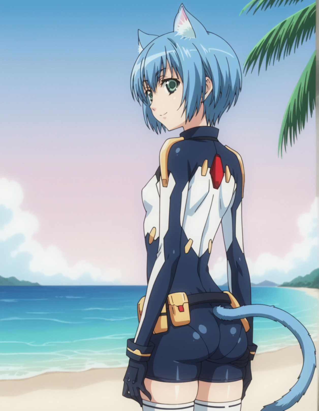 1girl, anime screencap, <lora:VexVexX_Melwin_PONYXL:1>, Melwin, short hair, blue hair, green eyes, animal ears, cat ears, cat tail, small breasts, deep skin, skindentation, seductive smile, detailed skin, glossy skin, bodysuit, thighhighs, belt, gloves, cowboy shot, from behind, standing, legs together, thighs together, looking back, looking at viewer, outside, beach, ocean, palm trees,