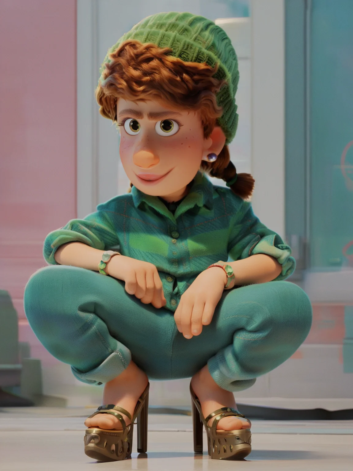 <lora:Miriam_Mendelsohn:0.9> m_m, 1girl, green eyes, ginger hair, braids hair, fur hat, earrings, looking at viewer, squatting, front view, spreading legs, platform high heels, score_9, score_8_up, score_7_up,