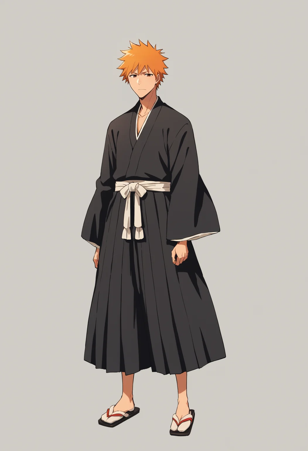 score_9, score_8_up, score_7_up, score_6_up, score_5_up, score_4_up, BREAK, source_anime,
1boy, ichigokurosaki, orange hair, short hair, spiked hair, brown eyes,
black hakama, black kimono, japanese clothes, long sleeves, wide sleeves, tabi,
full body, solo, looking at viewer, simple background <lora:IchigoXL:1>