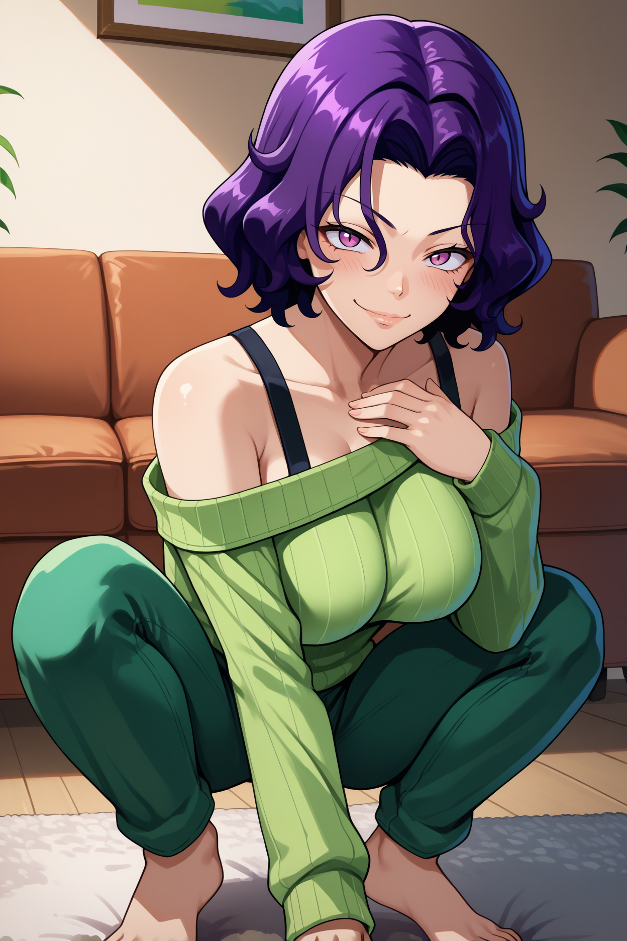score_9, score_8_up, score_7_up, score_6_up, source_anime, 1girl, solo  <lora:hamaokaazusa-pdxl-nvwls-v1-000005:1> gbaz, purple hair, short hair, wavy hair, purple eyes, large breasts, green sweater, off shoulder, long sleeves, dark green pants, squatting, all fours, looking at you, hand on own chest, smug, blush, living room