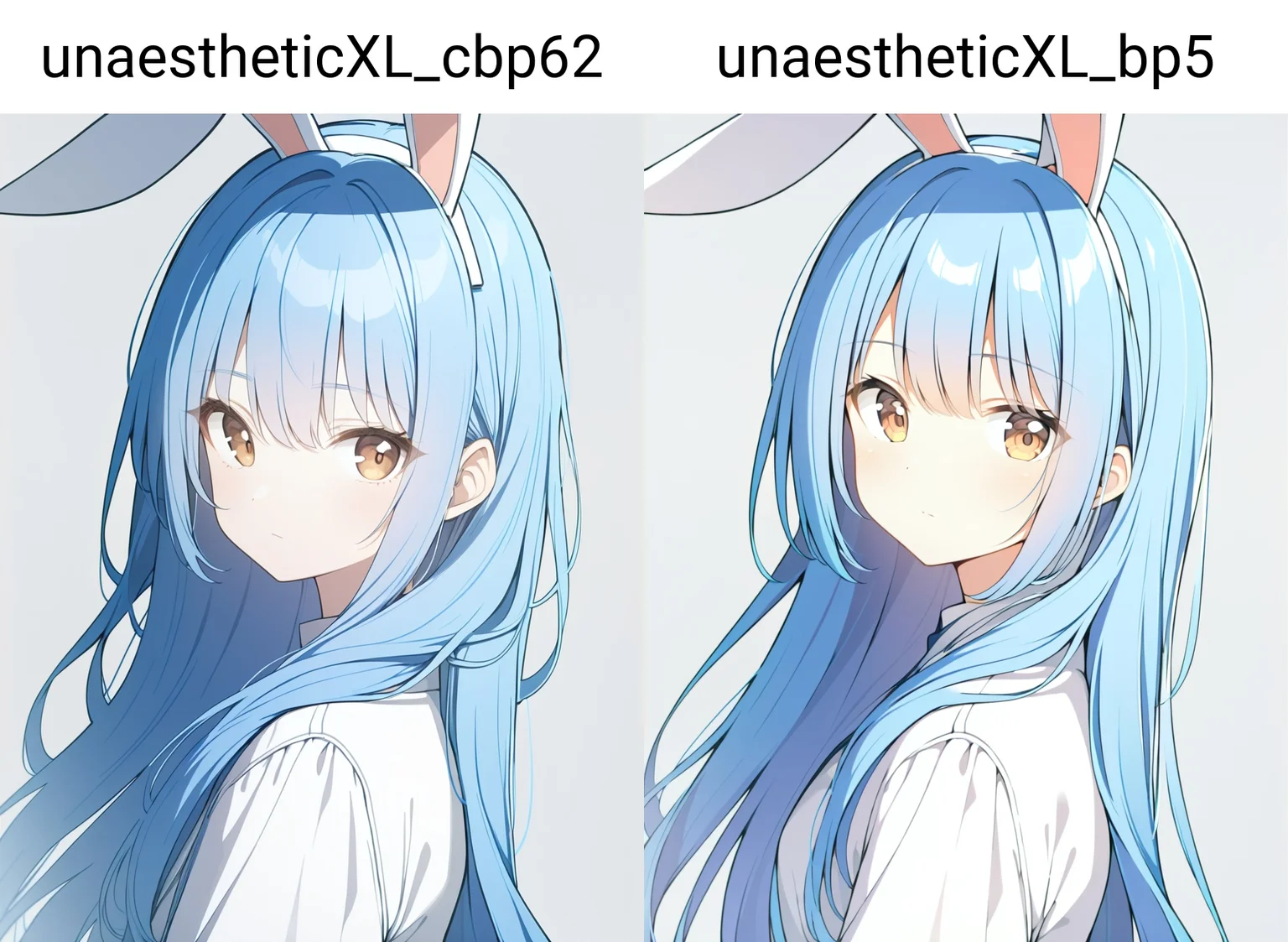1girl, , animal ears, blue hair, brown eyes, closed mouth, grey background, long hair, long sleeves, looking at viewer, portrait, rabbit ears, solo
