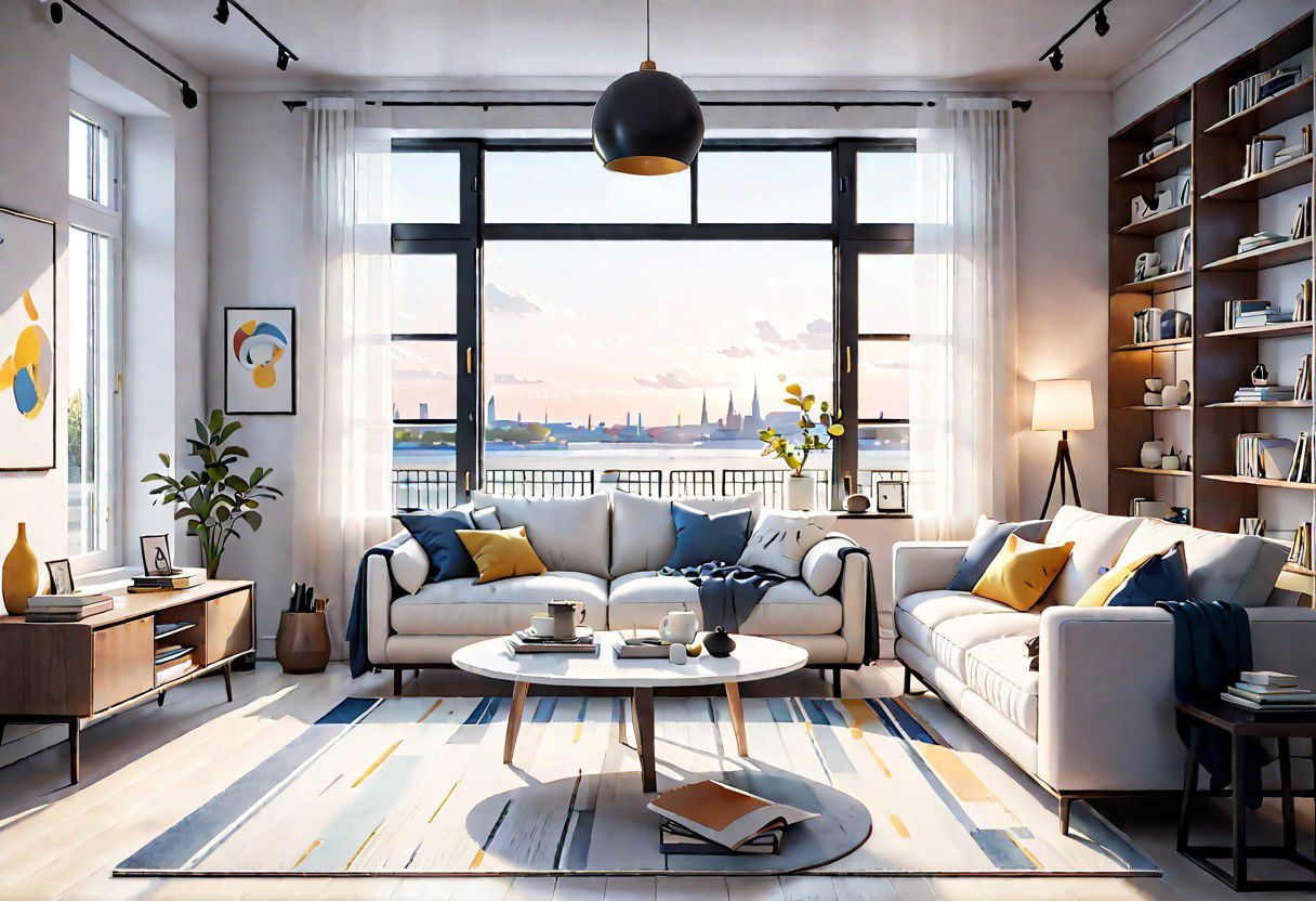 ((front view)), Shallow scene, ((animation style)), modern-style interior, with white walls, (large windows), Nordic-style furniture, a  study, Sofa, coffee table, bookcase, single wall, 
warm light morning sun, (the view of the city)