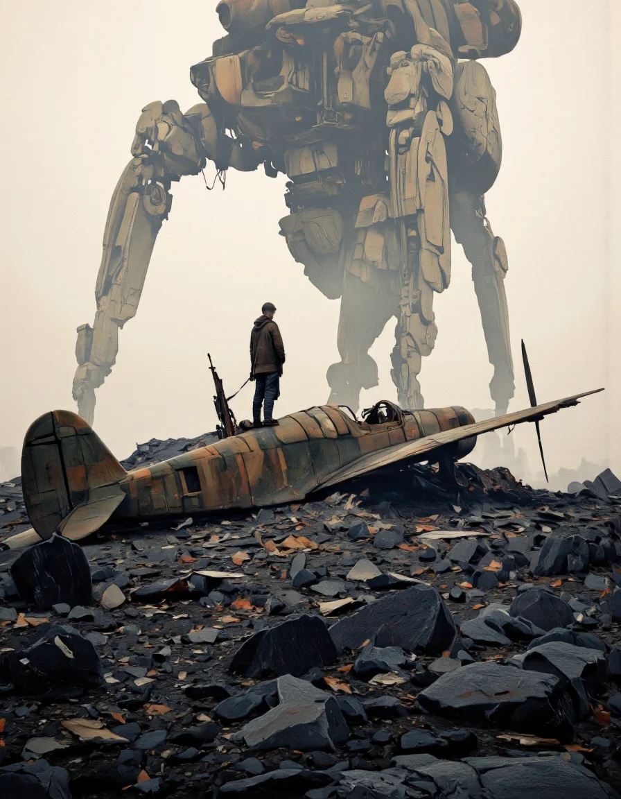 Art by Ronan Le Fur. A digital illustration shoot from a low angle about a lone figure stands on top of a destroyed aircraft in a desolate landscape, with a large, imposing robot looming in the background. the scene is set in a post-apocalyptic wasteland with dark, jagged rocks and debris scattered across the ground. the sky is overcast and foggy, adding to the ominous atmosphere. on the middle of the image, a lone, light-skinned man, who appears to be in his early twenties, stands on a small, damaged aircraft, looking out over the desolate landscape. he is wearing a brown jacket and pants, and is holding a rifle in his right hand. the man's posture and expression suggest a sense of isolation, while the robot's mechanical arms and robotic body add to the sense of scale and power in the scene. the overall mood is ominous and foreboding, with the stark contrast between the man and the robot creating a striking visual effect.