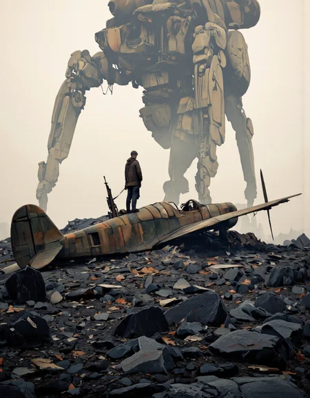 Art by Ronan Le Fur. A digital illustration shoot from a low angle about a lone figure stands on top of a destroyed aircraft in a desolate landscape, with a large, imposing robot looming in the background. the scene is set in a post-apocalyptic wasteland with dark, jagged rocks and debris scattered across the ground. the sky is overcast and foggy, adding to the ominous atmosphere. on the middle of the image, a lone, light-skinned man, who appears to be in his early twenties, stands on a small, damaged aircraft, looking out over the desolate landscape. he is wearing a brown jacket and pants, and is holding a rifle in his right hand. the man's posture and expression suggest a sense of isolation, while the robot's mechanical arms and robotic body add to the sense of scale and power in the scene. the overall mood is ominous and foreboding, with the stark contrast between the man and the robot creating a striking visual effect.