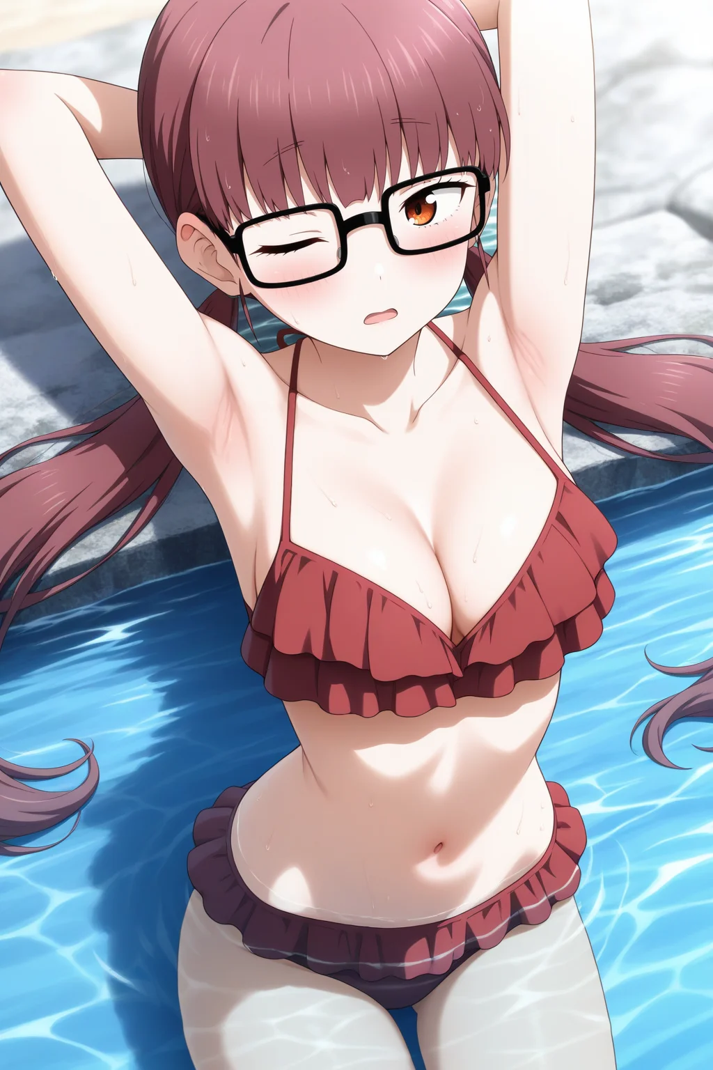 masterpiece, best quality, amazing quality,
<lora:il_contrast_slider_d1 (ЦÐÐТ ÐÐРТÐÐÐÐ):-0.8>
<lora:Yui Unoki:0.8> yui_unoki, 1girl, black-framed glasses,
swimsuit, bikini, one eye closed, solo, open mouth, navel, breasts, frilled bikini, red bikini, armpits, frills, collarbone, water, cleavage, medium breasts, partially submerged, arm up, arm behind head, leaning backward,