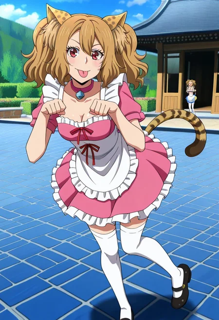 LovUEruza, light brown hair, EruBrownEyes,EruCheetahTail,CheetahEars,EruPigtails, EruHairpins,
EruPinkMaidDress, white apron, cleavage, frills, short sleeves, white stockings, black shoes, red ribbon, pink collar,
tongue out, posing, paw pose, having fun,
outdoors, japan, dormitory, courtyard,
masterpiece, best quality,