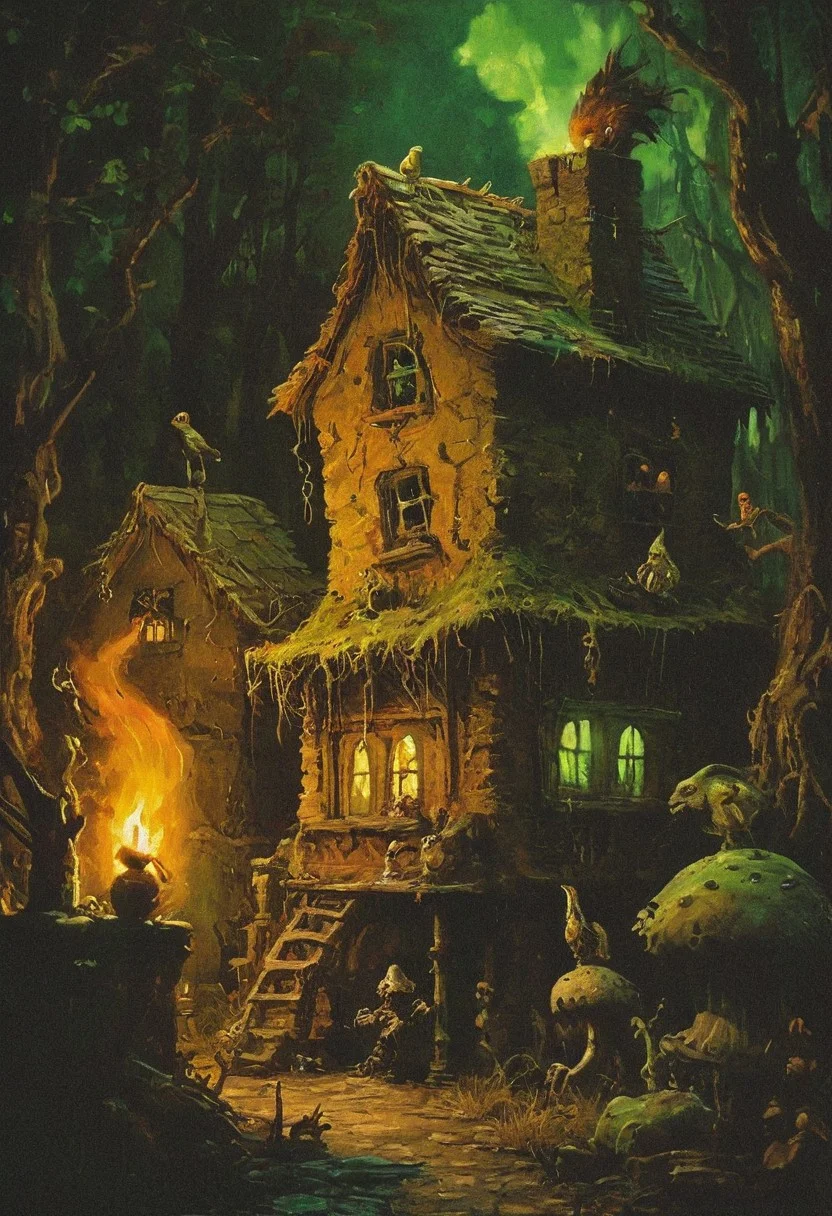 Nestled in the heart of a whispering forest, an eerie house on chicken legs crouches, as if alive. Within this macabre dwelling, an ugly witch, her features dominated by a long pickle nose, busies herself with her peculiar collection. In her gnarled hands, she holds frogs that croak ominously and mushrooms that seem to pulse with an unnatural glow. The witch's abode, cluttered with arcane objects and the hum of potent spells, serves as a sanctuary for her dark arts, the chicken-legged house standing guard against unwelcome intruders.,
in the style of the decaying empire of Würstreich, dark magic and grotesque creatures abound, inspired by Sean Aaberg's punk aesthetic, dark fantasy world combines grim landscapes with vibrant, exaggerated neon colorful art, heroes skirmish monstrous foes in a setting where rebellion, decay, and mysticism intertwine, crafting a unique, immersive vibe
, the scene is captured in dimly lit dark fantasy but vibrant colors, with bold ink lines defining form against the watercolor wash of the aged paper