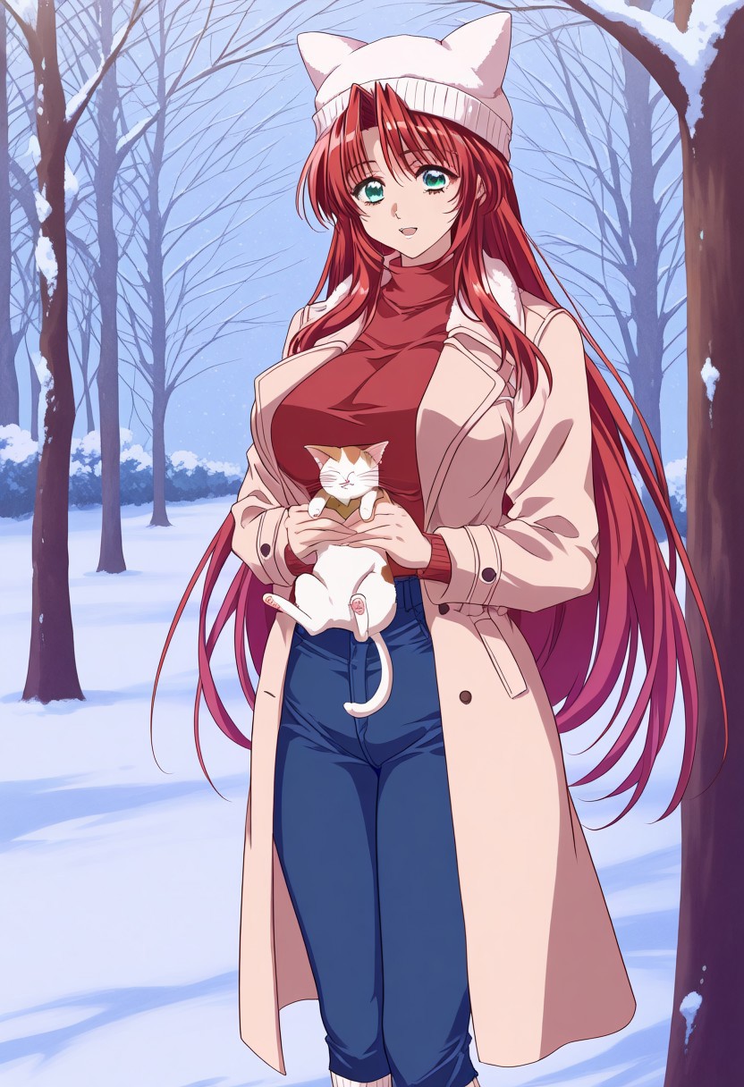 masterpiece, best quality, newest, highres, uncensored, 1girl, yokota mamoru style,1girl,
Himemiya Ayumi,Red Hair,Long hair, Waist Length hair,Green Eyes,Big Breast
1girl, solo, hat, blue eyes, long hair, snow, cat, cat hat, animal hat, winter, kneehighs, tree, socks,coat,blue jeans