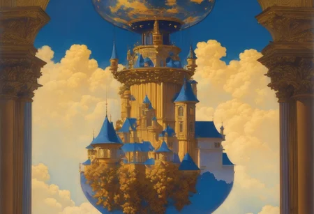 award winning painting of a floating castle in the air, epic composition, detailed, parts made of deep blue crystal, intricate, Maxfield Parrish Style page