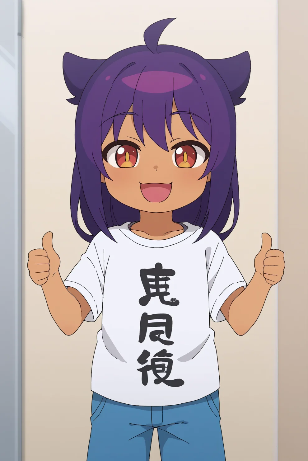 smiling, thumbs up to viewer, friendly, helpful, cheerful expression, Jahy, child, solo, clothes writing, white shirt <lora:Jahy-sama_wa_Kujikenai-Jahy-PDXL:0.8>