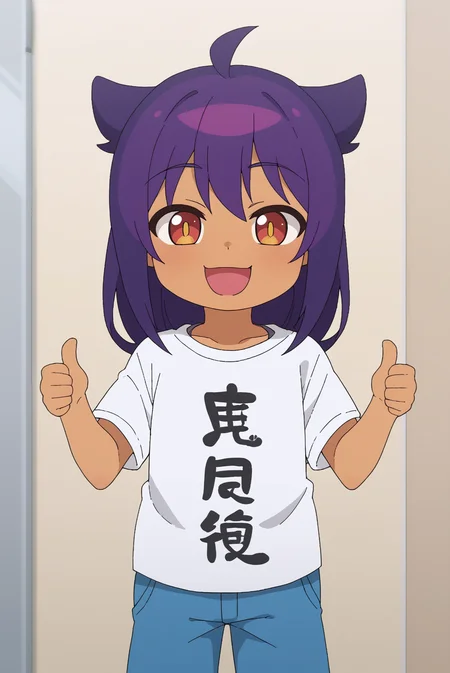 smiling, thumbs up to viewer, friendly, helpful, cheerful expression, Jahy, child, solo, clothes writing, white shirt <lora:Jahy-sama_wa_Kujikenai-Jahy-PDXL:0.8>