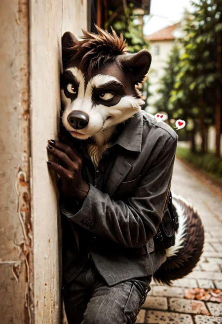 score_9_up, score_8_up, score_7_up, pepelepew, anthro skunk, furry, 1boy, solo, (cornering), stalking, hearts, creepy, detaillora, smelly, suspicious