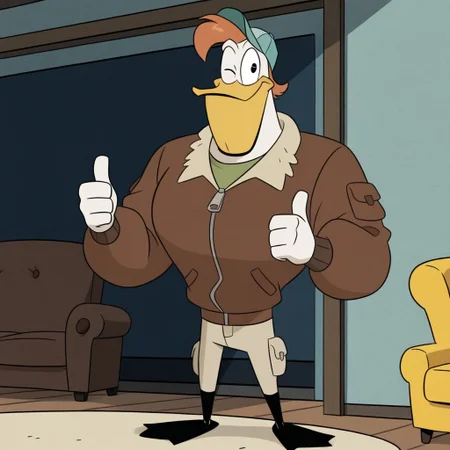 masterpiece, best quality, amazing quality, official style, l4unchmcqu4ck, male, furry male, anthro, solo, duck, white body, brown hair, short hair, black eyes, yellow beak, webbed feet, yellow feet, muscular, cyan hat, brown jacket, zipper, green shirt, tan pants, black shoes, (black shoes), standing, smile, thumbs up, wink, indoors, living room