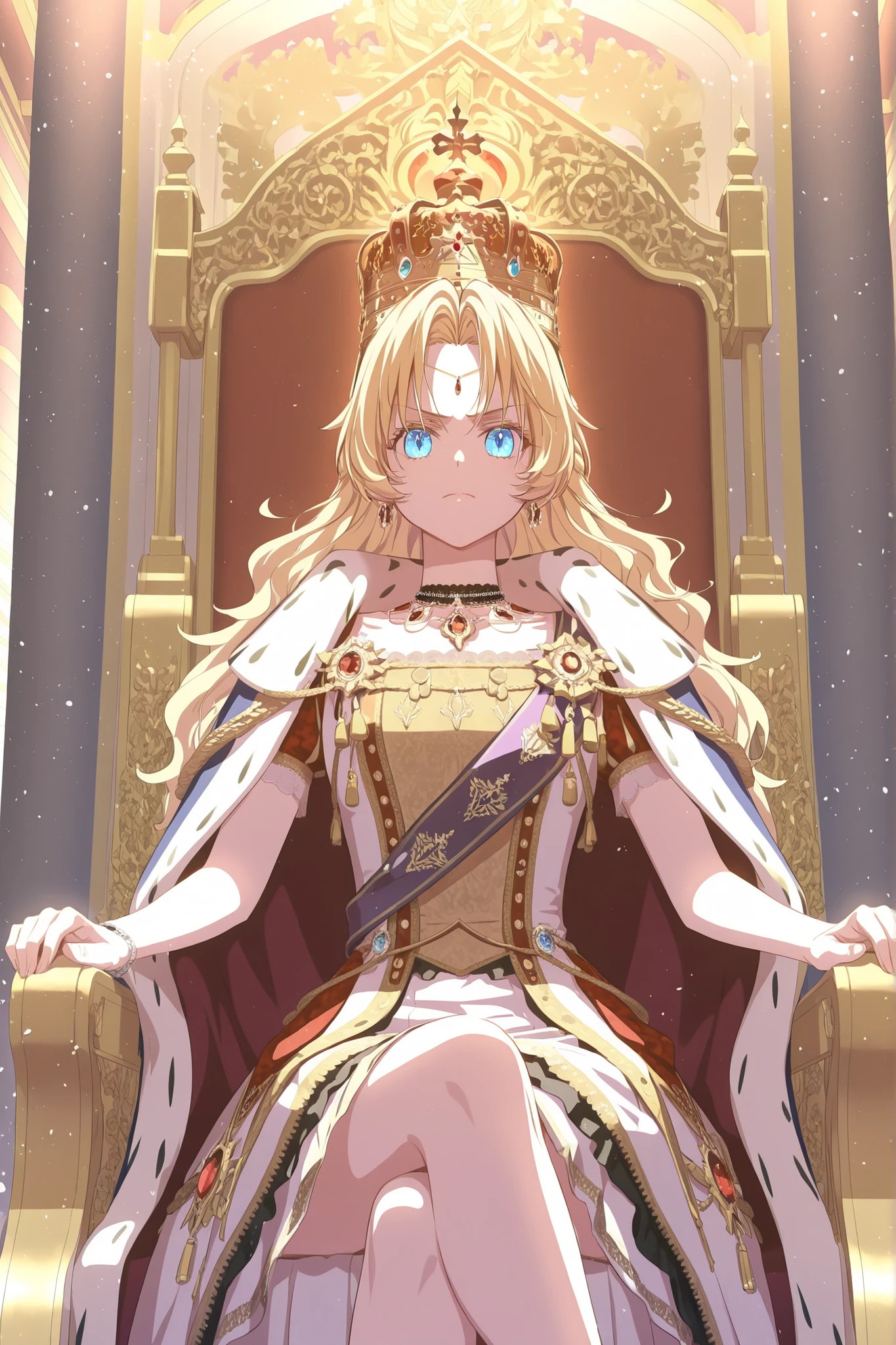  masterpiece, best quality, absurdres, high quality, detailed illustration, authoritative atmosphere, royalcapeandcrown, 1girl, solo, athanasia, blonde hair, blue eyes, wavy hair, long hair, crown, red gem, jewelry, necklace, pendant, white dress, gold embroidery, royal cape, ermine trim, white trim, tassels, sash, purple sash, order sash, jewel, royalty, looking at viewer, serious expression, regal pose, majestic presence, formal lighting, indoors, throne room, sitting on throne chair, crossed legs, official portrait setting, detailed background, sharp focus, glowing eyes