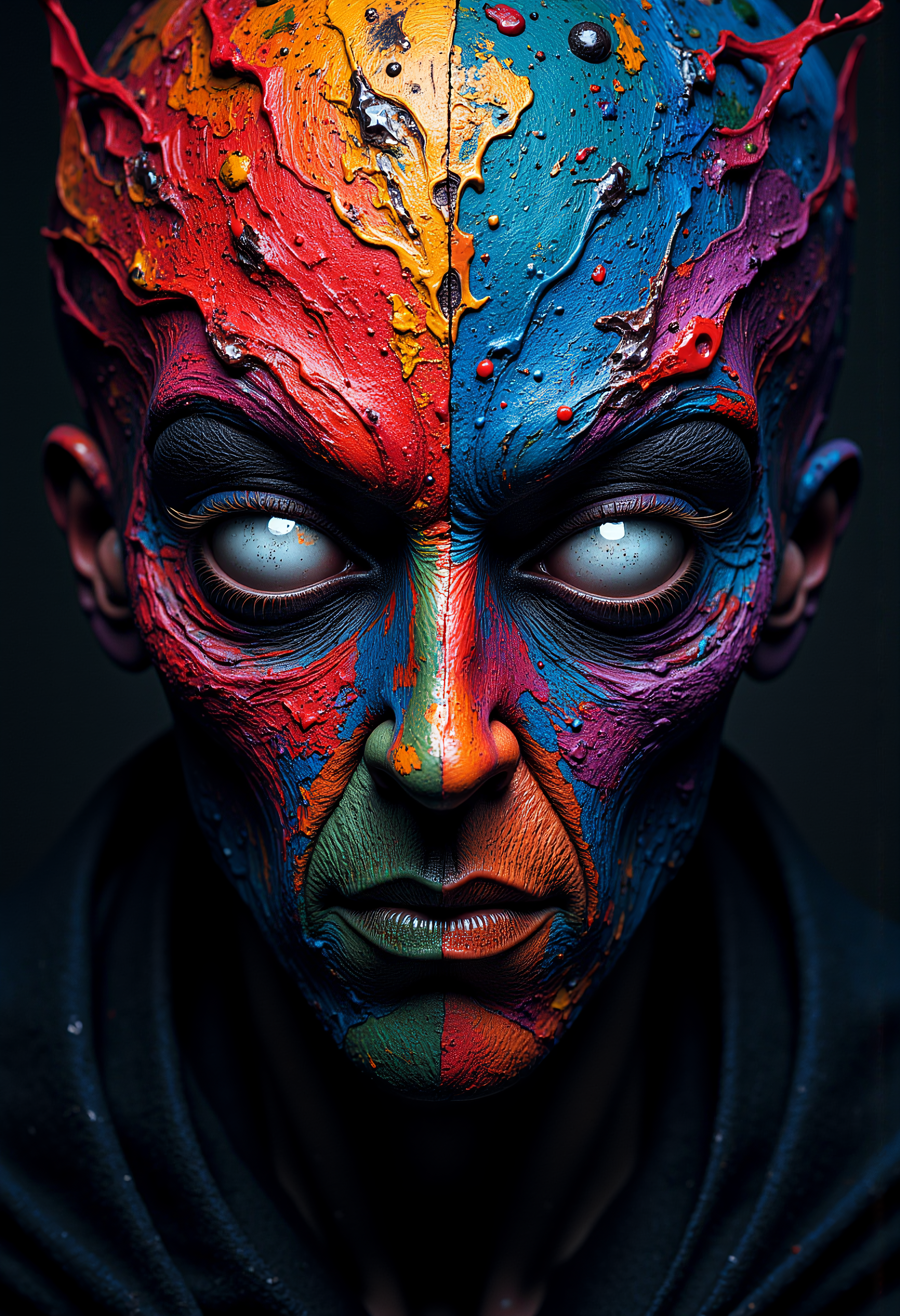 Symmetry, A face with soulless eyes, slit for a nose, no mouth, species, splash with colors, mysterious, ancient, evil, luminescent