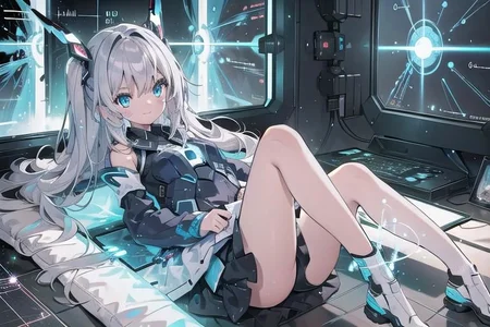(masterpiece), (science fiction:1.4), 1girl, lying on the back on a mirror, lying on the back on a mirror, lying on the back on a mirror, smile, silver hair, aqua eyes, headgear, long sleeves, detached sleeves, glowing energy clothing, light particles, energy particles, perfect hands, perfect legs