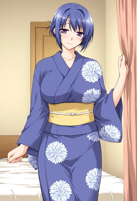 score_9,score_8_up,score_7_up,source_anime,5_figner,2d_animation,game cg,BREAK,1girl,solo,
Ukishima Harumi,mature female,house wife,
blue hair,short hair,purple eyes,large breasts,
navyblue kimono,flour print,yellow obi,
cowboy shot,looking at viewer,smile,standing,front view,
indoor,room,bed,curtain,
masterpiece,best qualit,ultra-detailed,illustration,an extremely delicate and beautiful,beautiful detailed eyes,unity 8k wallpaper,high resolution,anime CG,official_art,