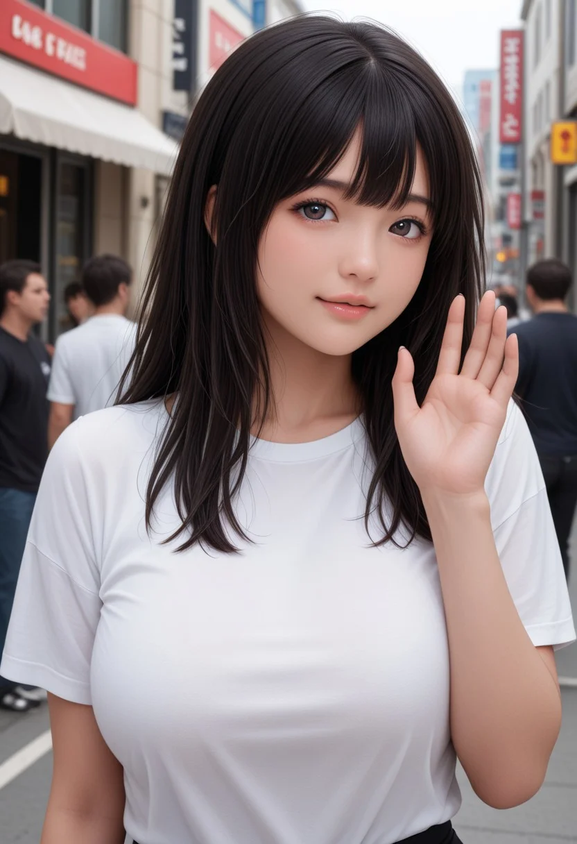 miyam0to_mad0ka, black hair, medium shot, big loose t-shirt, (huge breasts:0.9), cute face, (small upperlip:1.4), (very thin lips:1.4), (very small mouth), small jaw, small chin, (round face:0.7), tareme, japanese idol, (pale skin:0.8), bangs, japanese makeup, innocent eyes, open eyes, v, wink, realism, civitai aesthetics, highly detailed, lifelike, cinematic lighting, absurdres, (masterpiece, best quality, ultra-detailed, realistic, photorealistic), depth of field, photorealistic details, BREAK soft shadows, rich textures