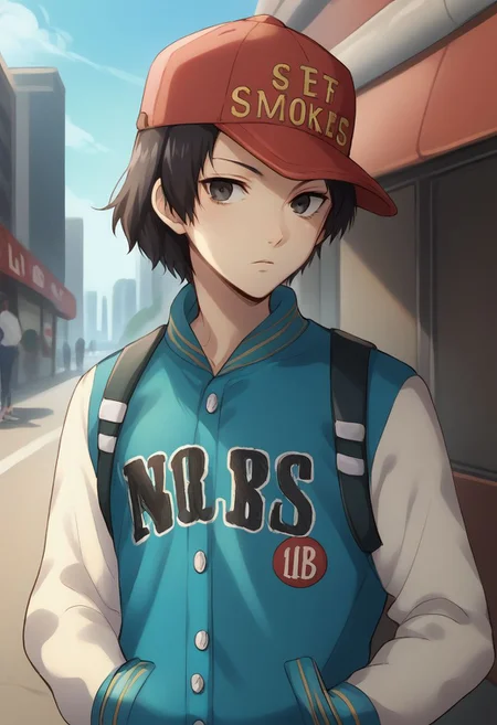 score_9, score_8_up, source_anime, highly detailed, 1boy, solo
shinya, 1boy, hat, solo, baseball cap, jacket, black hair, hands in pockets, black eyes, short hair, upper body, letterman jacket, red headwear,
outdoor, city, street,