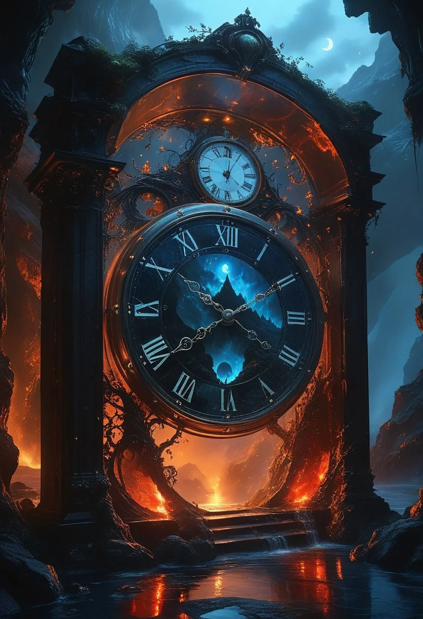 top- down, fantastical and surreal scene, closeup inside of an enormous digital pocket_clock standing upright with its cover open revealing a magical portal, portal inside the clock, Through the portal is a breathtaking landscape unfolds, towering mountains, a cascading volcano, a steaming river winding through a burned forests, The edges of the pocket_clock are adorned with intricate glowing runes and vines, the clock resting on obsidian floor, mystical touch, illuminated by a crescent moon and twinkling stars, dreamlike and otherworldly atmosphere, sense of adventure and wonder, ((red-blue, artifact,
<lora:aidmaMTG-CardsXL-v0.1:1> ,mtg, mtg card)), view from above,
(score_9, score_8_up:1.1), score_7_up, a fine color ink lineart sketch, (reflective volumetric), raytracing, absurdres, dark, low-key,