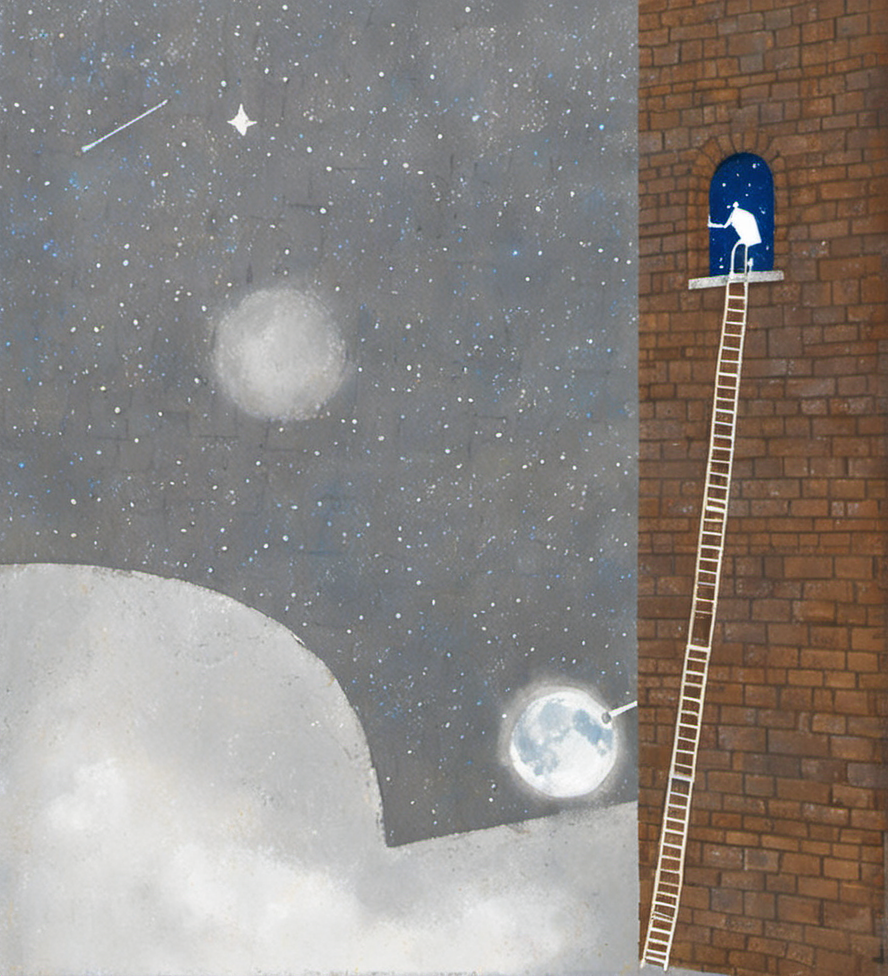 illustration, surrealism, night, building, brick wall, windows, man on moon, swing, grey sky, stars, close-up blue eyes, white hand, rooftop, telescope, whimsical, artistic, dreamlike, muted colors, storefront, urban setting, fantasy, balanced composition, textured background, fine art, conceptual, imaginative, mysterious, unique.<lora:æ²»æ-000009:0.8>,