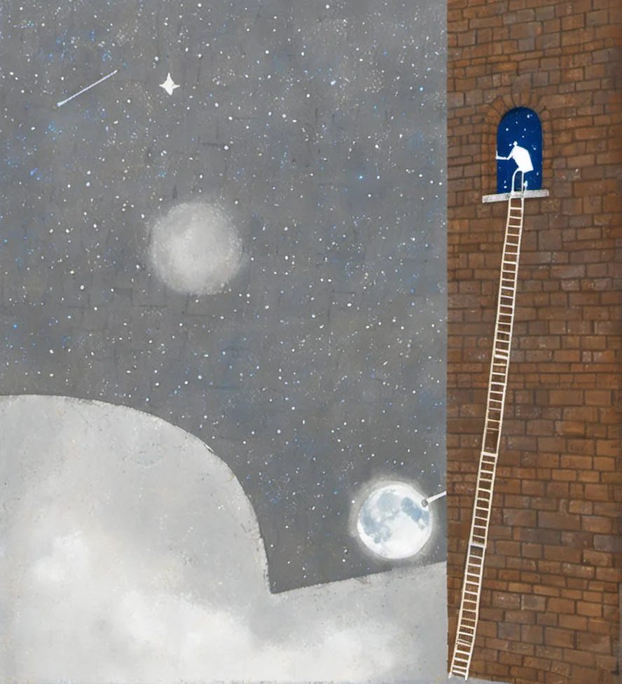 illustration, surrealism, night, building, brick wall, windows, man on moon, swing, grey sky, stars, close-up blue eyes, white hand, rooftop, telescope, whimsical, artistic, dreamlike, muted colors, storefront, urban setting, fantasy, balanced composition, textured background, fine art, conceptual, imaginative, mysterious, unique.<lora:æ²»æ-000009:0.8>,