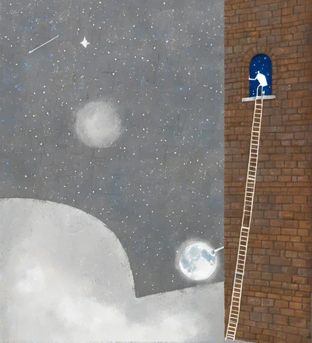 illustration, surrealism, night, building, brick wall, windows, man on moon, swing, grey sky, stars, close-up blue eyes, white hand, rooftop, telescope, whimsical, artistic, dreamlike, muted colors, storefront, urban setting, fantasy, balanced composition, textured background, fine art, conceptual, imaginative, mysterious, unique.<lora:æ²»æ-000009:0.8>,