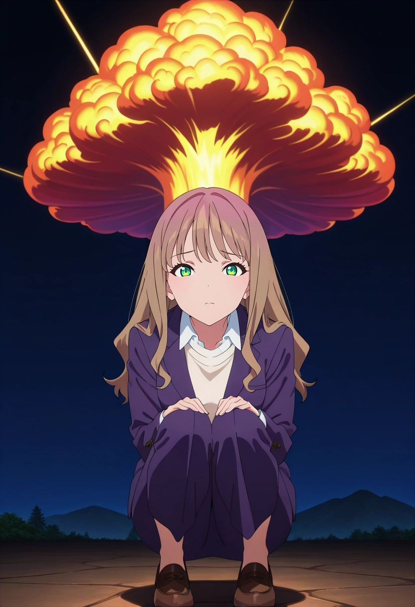 masterpiece, best quality, intricate details, anime screencap, anime coloring, official style, looking at viewer, 1girl, solo, <lora:yume_minami_ilxl:0.94>, yume_minami, brown hair, green eyes, long hair, bangs, atomic bomb test, blinding flash, mushroom cloud, distant soldiers, watching pose, stunned expression, harsh light, Moroccan Dressy joggers, Lavender Embroidered Suit jacket, Monk strap shoes, , and