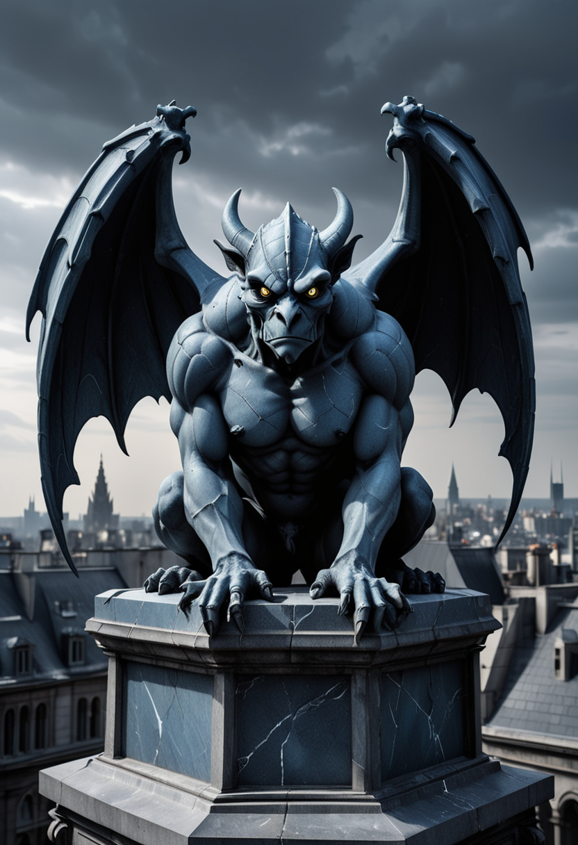 (medium full shot) of (gothic marble blue cracked stone gargoyle) with wingless body, gray eyes, curved horns, armored plates, set in  a grand city rooftop, with majestic spires, glimmering lights, a sense of wonder , ,Masterpiece,best quality, raw photo, realistic, very aesthetic, dark