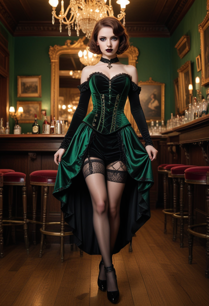 ((fashion photography)), perfect face, perfect eyes, (medium full shot) of  (desirable gothic maiden) young woman, french, bright green eyes, light skin, tan skin, brown eyes, slim, short dark retro hair, wearing Dark princess ensemble featuring a black velvet gown, jeweled corset, lace stockings, velvet pumps, Dark green lipstick, deep green and black eyeshadow, bold eyeliner, pale skin, dark nail polish with green shimmer, set in  gothic Bar main Area, Dimly lit space with worn wooden floors, ornate Victorian-style bar with brass accents, velvet-upholstered bar stools, antique chandeliers hanging from the ceiling, vintage paintings adorning the walls , at sunset, smiling at the viewer, masterpiece, best quality, photorealistic, very aesthetic