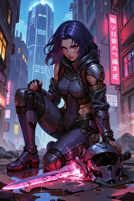 xrstyle,Deep within the neon-lit alleys of a cybernetic megacity, a warrior woman with midnight-blue hair and luminescent violet eyes kneels beside her shattered helmet. Her sleek, battle-worn exo-suit hums faintly as its damaged circuits struggle to repair, the once-pristine nanofiber plating now scorched and riddled with bullet holes. Neon rain drips down her scarred, caramel-toned skin, mixing with the oil and blood staining the concrete beneath her. Above, colossal holographic deities flicker across the skyline, their synthetic voices whispering corporate commandments to the masses. A shattered cybernetic katana lies at her feet, its broken blade still sparking with unstable energy as a warning siren wails in the distance. The towering, monolithic skyscrapers of the city loom behind her, their electric veins pulsing like the lifeblood of an artificial god. Her breath is ragged, but her glare is fierce, defiant, unbrokenâthe hunter has become the hunted, but she is far from defeated. As she clenches her fists, the remaining shards of her blade begin to levitate, drawn back together by the raw, unchained power surging through her veins. , detailed background Fantastic lighting. Detailed shadows.intricate details, vivid colors, hyper-detailed, ultra-sharp, , <lora:XRSTYLE_FLUX:0.7><lora:RetroAnimeFluxV1:0.4><lora:MoriiMee_Gothic_Niji_Style_FLUX:0.3>