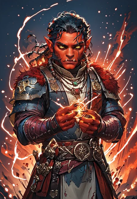 ((zPDXL3)), ((masterpiece,best quality, highly detailed)), ((score_9)), score_8_up, score_7_up, score_6_up, score_5_up, score_4_up, Digital painting style, brushstrokes, ((EnhanceImage)), solo, 1boy, Hobgoblin, red skin, yellow eyes, fangs, big nose, mutton chops, black hair, armor, pauldrons, belt, necklace, muscular,
Expressiveh, 30yo,
chinese magical sorceress, animated, swirling magic, wisps of magic, magical accessories, evoking motion, conveying motion, dynamic splash art, ((handfixer)), four fingers, one thumb,
<lora:PainterlyFantasiaPDXL:0.6>,