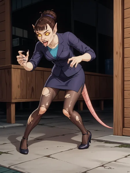 core_9, score_8_up, score_7_up, high quality, 1girl, solo, <lora:100_ratrot_pdxl:1> ratrot, brunette hair, bangs, hair up, bun, business woman, pantsuit, pantyhose, rat tail, stalking hunched over,rr_nose, rr_teeth, rr_pointed_ears, bad skin, hairy, warty, legs apart, knees bent, back bend, (no humans), transformation, torn dress, furrowed brow, narrow eyes, open mouth, glowing eyes, evil, tongue out, drooling, sharp nails pouncing, attacking viewer