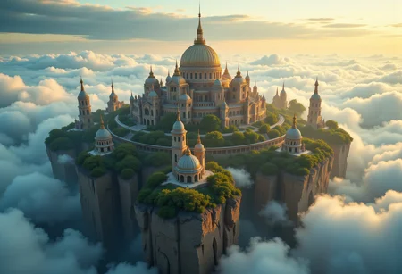 the most realistic, photorealistic photo ever taken [flythrough a VAST ANCIENT mystical ISLAND city in the clouds, GOLDEN HOUR, a dream world , shifting landscapes, and ethereal creatures, Captured with a Hasselblad X2D 100C and an 80mm f/1.9 lens, hyper-realistic textures, soft studio lighting, elegant shadows, styled for a Vogue beauty editorial, incredible realism, creamy bokeh, ultra-detailed textures, perfect lighting, styled for a Vogue cover]  aidmaimageupgrader, aidmamj6.1