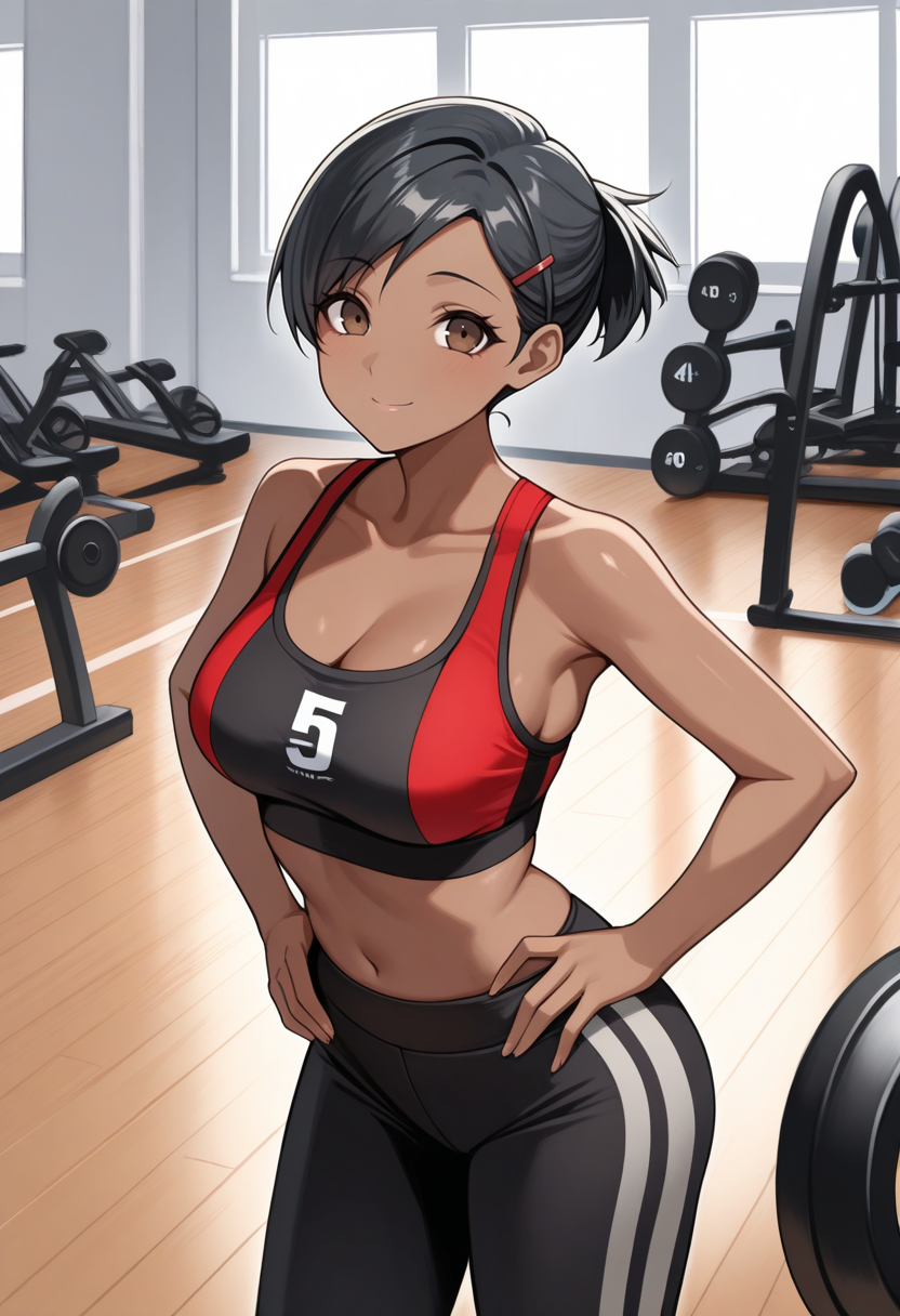 masterpiece, best quality, 1girl, solo, looking at viewer, cowboy shot, smile, gym, hands on hips
red sports bra, black yoga pants
 <lora:zs_YukoILLU:1> yuk0p3, black hair, short hair, ponytail, hairclip, dark skin, brown eyes,