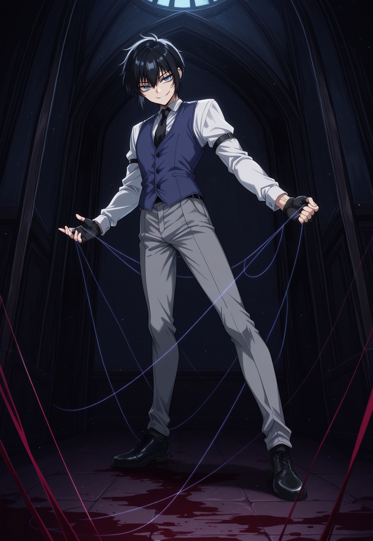 safe_pos, score_9, score_8_up, score_7_up, masterpiece, best quality, YoungWalter, solo, 1boy, male focus, black hair, short hair, blue eyes, white shirt, black necktie, blue vest, black gloves, fingerless gloves, grey pants, black shoes, full body, evil smirk, dynamic pose, thread, string, garrote, blood on floor, perspective, indoors, manor