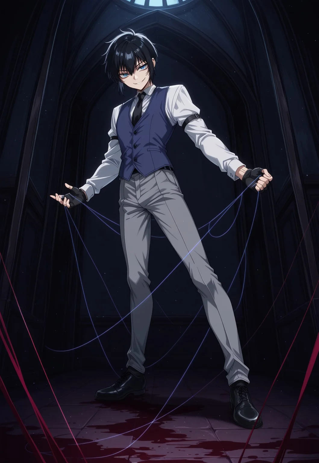 safe_pos, score_9, score_8_up, score_7_up, masterpiece, best quality, YoungWalter, solo, 1boy, male focus, black hair, short hair, blue eyes, white shirt, black necktie, blue vest, black gloves, fingerless gloves, grey pants, black shoes, full body, evil smirk, dynamic pose, thread, string, garrote, blood on floor, perspective, indoors, manor