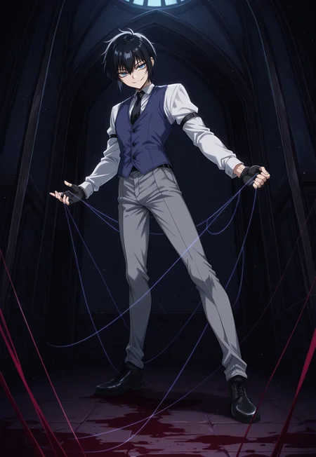 safe_pos, score_9, score_8_up, score_7_up, masterpiece, best quality, YoungWalter, solo, 1boy, male focus, black hair, short hair, blue eyes, white shirt, black necktie, blue vest, black gloves, fingerless gloves, grey pants, black shoes, full body, evil smirk, dynamic pose, thread, string, garrote, blood on floor, perspective, indoors, manor