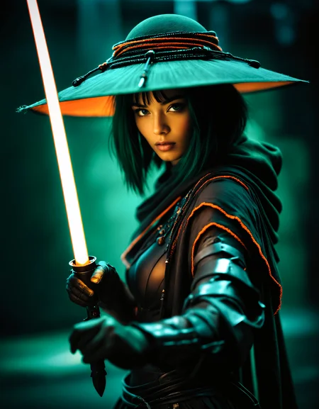 glamour portrait photo, macro, a captivating vibrant dark green-neon capturing the essence of a cyborg Bedouin sorcerer in fight stance, defying expectations by conjuring a whimsical robot 'freak' from an oversized sedge hat. ethereal, smoky backdrop. throwing a translucent orange/tanslucent purple/black iaidow, weapon, katana, holding sword, 100mm f/2.8 macro lens, atmospheric haze, Film grain, cinematic film still, shallow depth of field, highly detailed, high budget, cinemascope, moody, epic, OverallDetail, gorgeous, 2000s vintage RAW photo, photorealistic, candid camera, color graded cinematic, eye catchlights, atmospheric lighting, skin pores, imperfections, natural, shallow dof