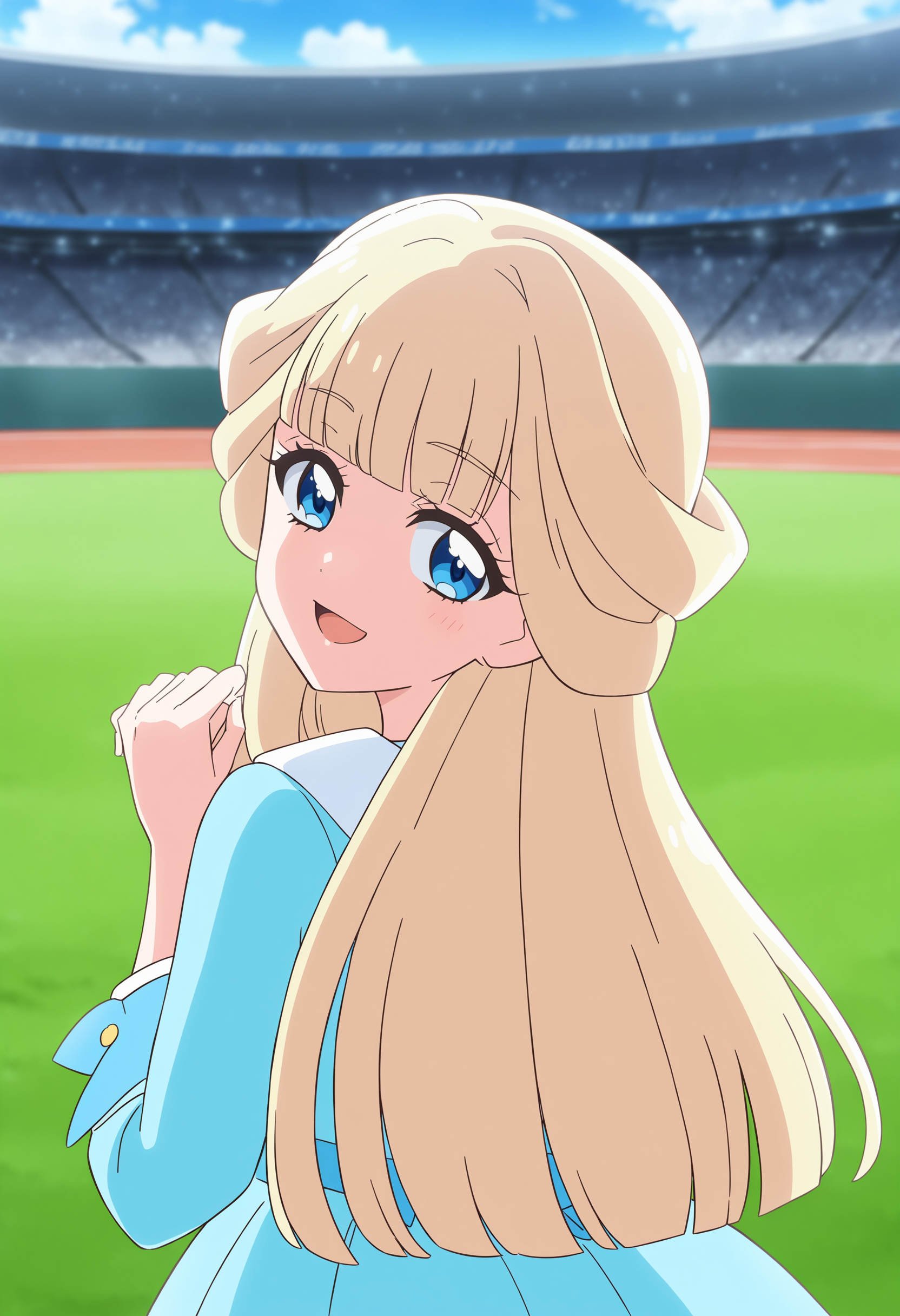 1girl, nekoyashiki yuki, wonderful precure!,solo, <lora:yuki_XL_v1:0.8>
long hair, blonde hair, blue eyes,
from behind, panorama shot, looking back, light smile, athletic field, open mouth,
best quality, very aesthetic, absurdres