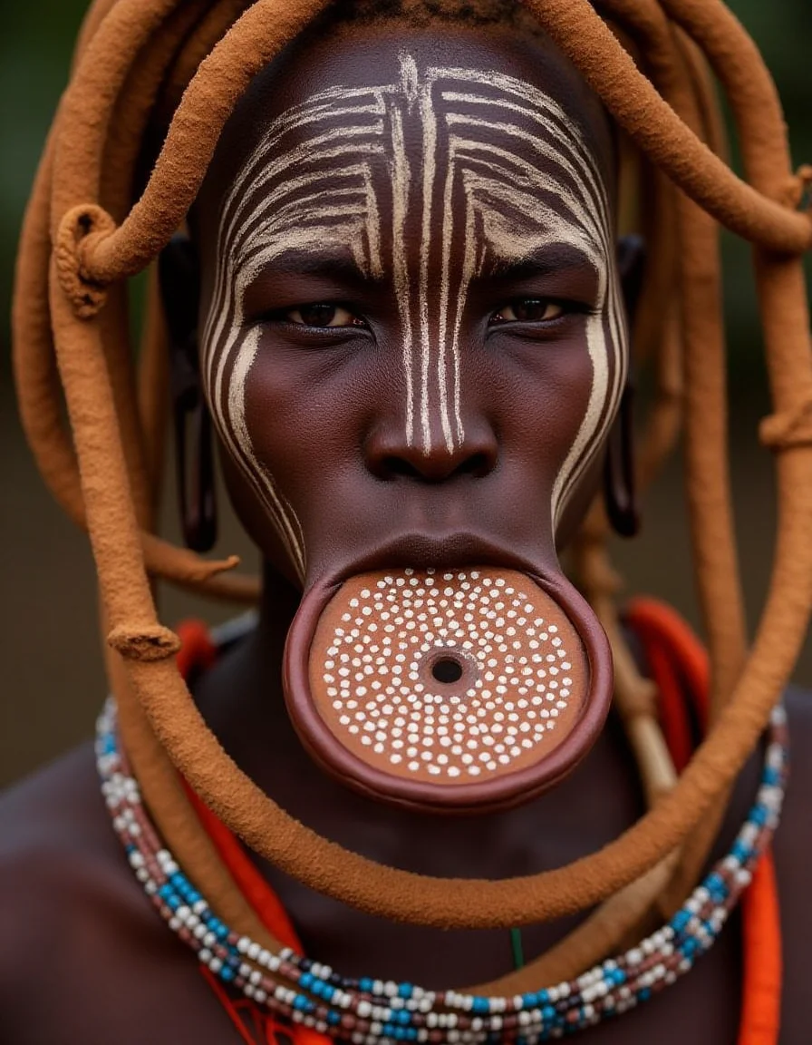 a Murs1 woman, with deep brown skin adorned with ritual scarification patterns across her cheeks and forehead, symbolizing her cultural heritage. She wears an iconic large clay lip plate (dhebi a tugoin), exquisitely decorated with intricate hand-painted patterns. Her earlobes are stretched and hold traditional wooden or clay plugs. Around her neck, she is adorned with layers of colorful beaded necklaces, each bead resonating with Mursi symbolism. Her hair is styled in short twists coated in natural clay and colored with earthy ochre tones. The emotion in her gaze reflects pride, resilience, and dignity, characteristic of her culture. Highly detailed, photorealistic textures emphasizing her parures, scarifications, and natural beauty.
<lora:mursi:1>