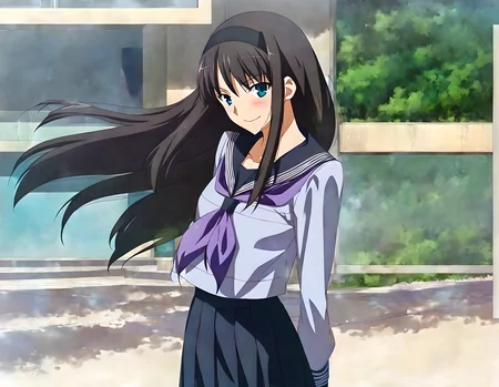 <lora:pony_xl_akiha>,akiha,best quality,masterpiece,super fine illustration,1girl,solo,looking at viewer,school uniform,sailor collar,serafuku,blue shirt,long sleeves,purple neckerchief,blue neckerchief,black skirt,pleated skirt,smile,:d,light_blush,in summer,plateau,looking_at_viewer,cowboy_shot,looking_back,hair fluttering in the wind,hair_flaps,