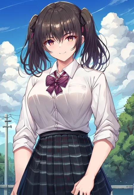 score_9,score_8_up,score_7_up,source_anime,zPDXL3,outdoors,apartment,sky,cloud,crovded,
*//*,<lora:MafuyuHemp_Style:1>,1girl,solo,black hair,twintails,bangs,school uniform,black skirt,plaid skirt,pleated skirt,black ribbon,hair ribbon,bow,bowtie,white shirt,collared shirt,long sleeves,shirt tucked in,closed mouth,large breasts,smile,
*//*,looking at viewer,cowboy shot,dutch angle,dynamic pose,