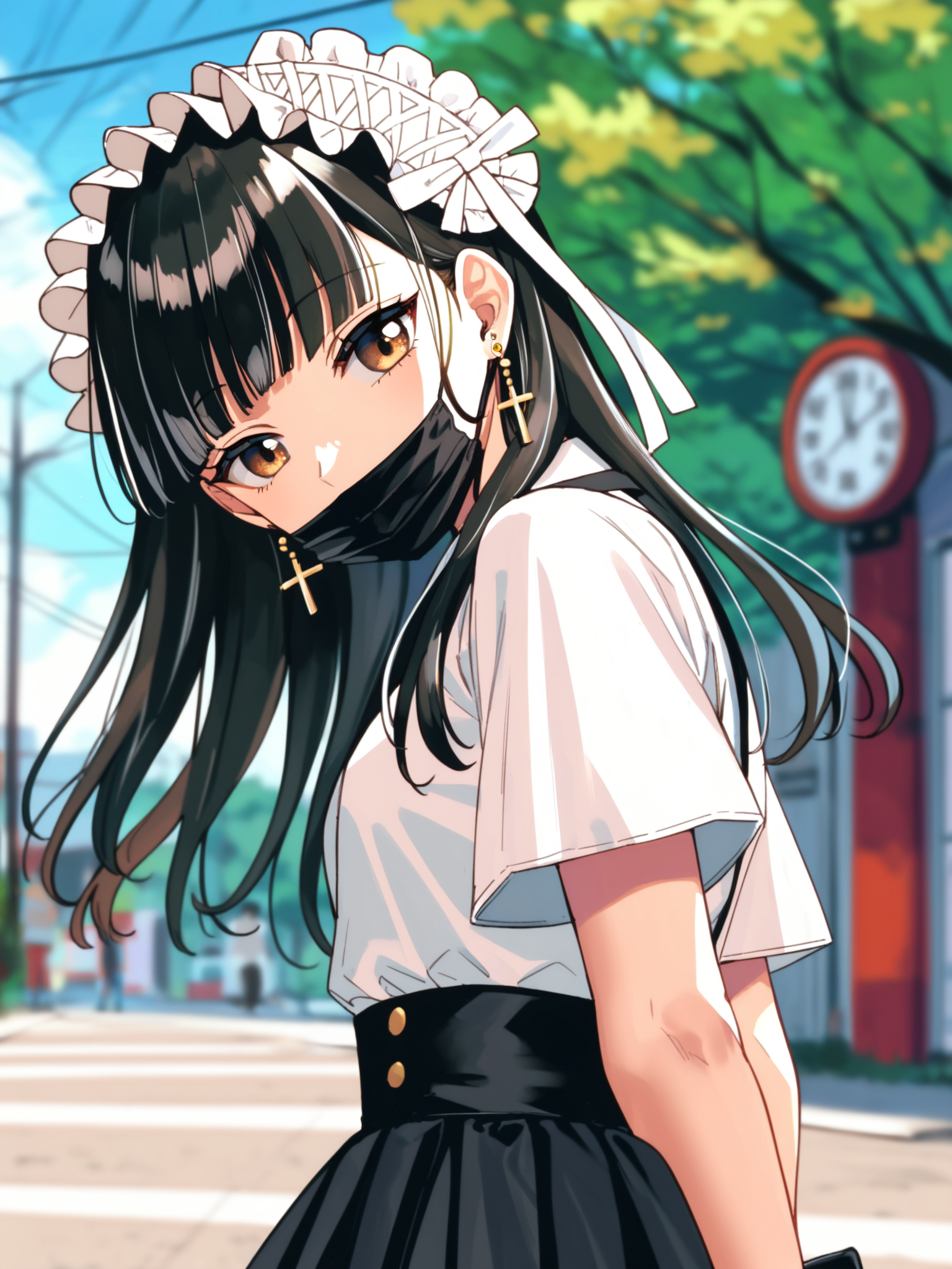 <lora:happy_tentacle-ibararachi-v0.1-000010:1>, ht_ibararachi, frilled hairband, cross earrings, black hair, brown eyes, mouth mask, covered mouth , smile, , outdoors, day cowboy shot, 1girl, (petite:1.2), solo focus, (looking at viewer:1.1), sidelighting, (depth of field:0.8), from side, score_9, score_8_up, score_7_up, score_6_up, score_5_up, score_4_up