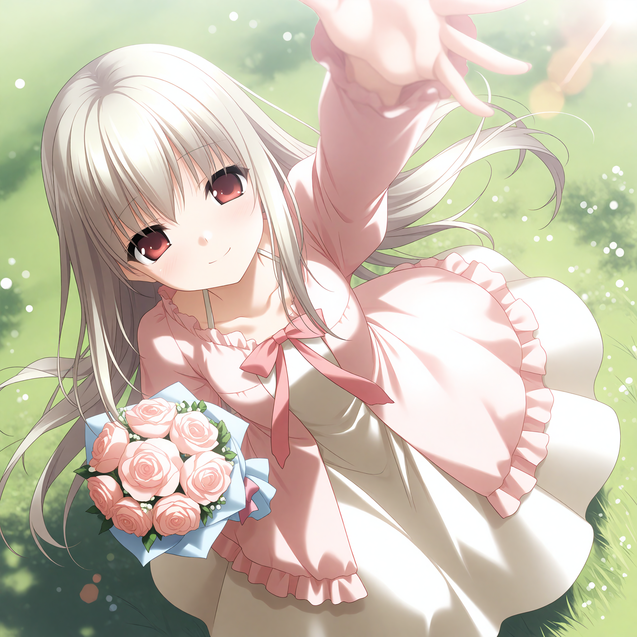 <lora:Sion_1_nai-000026:1>,Sion,
pink dress,white dress,long sleeves,pink bow,long dress,
1girl,solo,smile,holding,bouquet,looking up,from above,reaching towards viewer,arm_up,grass,dutch angle,depth of field,lens_flare,