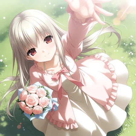 <lora:Sion_1_nai-000026:1>,Sion,
pink dress,white dress,long sleeves,pink bow,long dress,
1girl,solo,smile,holding,bouquet,looking up,from above,reaching towards viewer,arm_up,grass,dutch angle,depth of field,lens_flare,